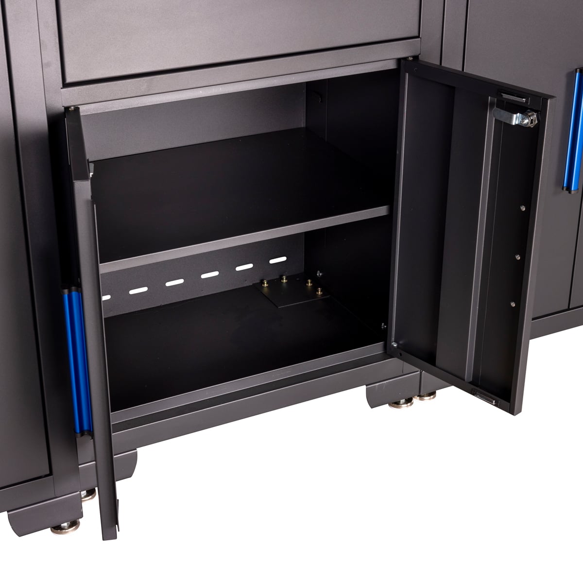 SGS 9pc Garage Storage System | Stainless Steel Worktop | 3x Floor Cabinets | 3x Upper Cabinets | 2x Tall Double Side Cabinets